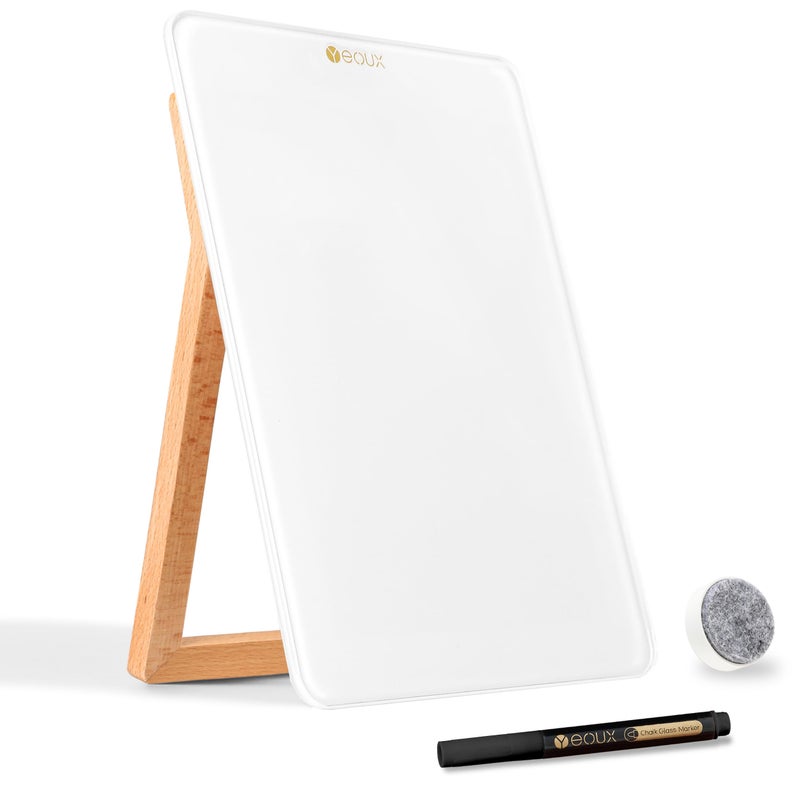 YEOUX Desktop Glass Whiteboard with Reversible Wood Stand  Small White Board  Mini Dry Erase Whiteboard Easel for Desk  Reusable Desk Notepad 9.5""x6.7"" for Home  Office  Accessories Included  Yeoux - Image 1